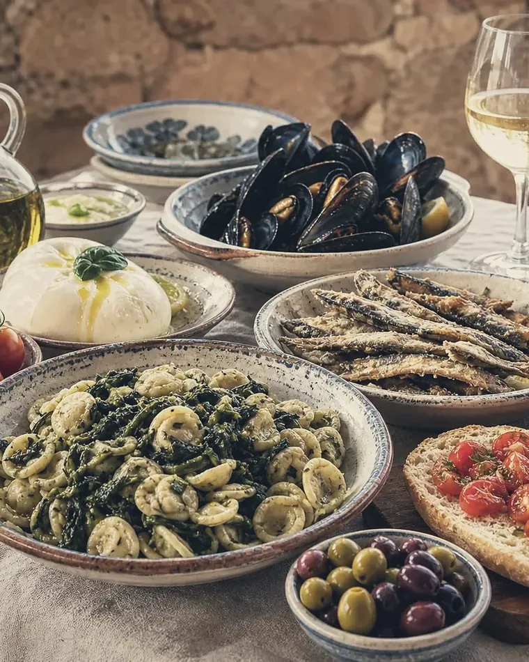 A table of mussels, grilled sardines, pasta and white wine