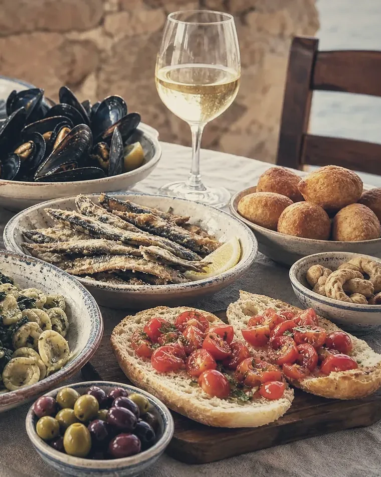 Burrata, bread and tomato bruschetta on a table